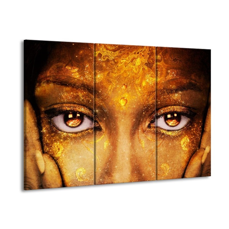 Glas schilderij Gezicht | Bruin, Geel, Goud | 90x60cm 3Luik