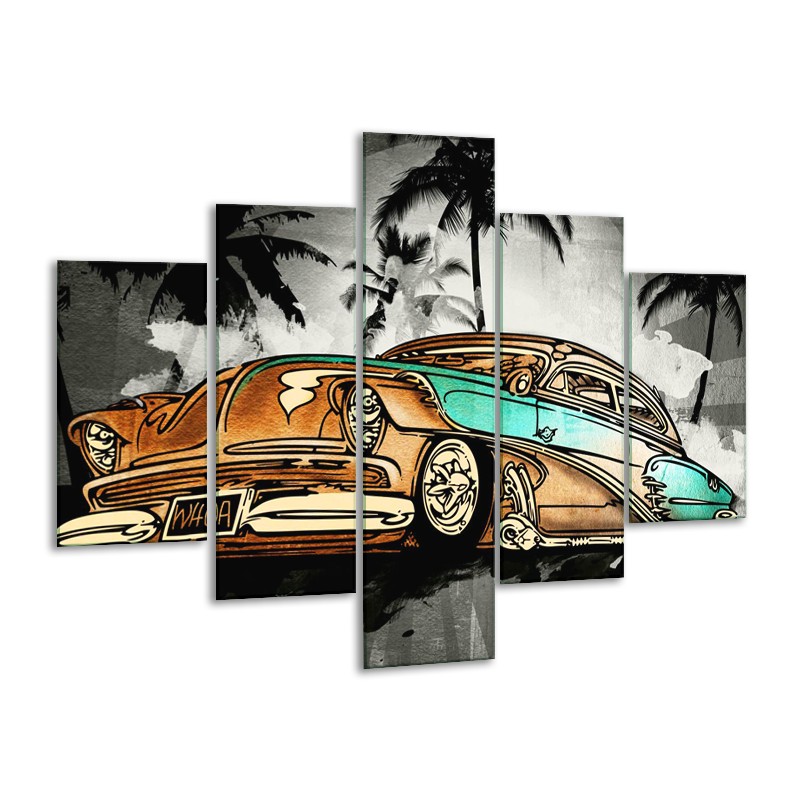 Canvas Schilderij Oldtimer, Auto | Zwart, Wit, Oranje | 100x70cm 5Luik