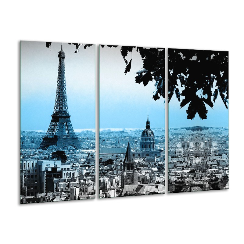 Beraadslagen Verliefd Waakzaam Canvas Schilderij Parijs, Eiffeltoren | Blauw, Grijs | 120x80cm 3Luik