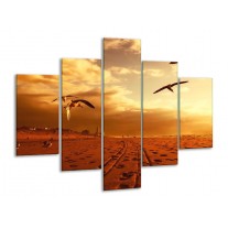 Canvas schilderij Vogels | Goud, Geel, Oranje | 100x70cm 5Luik