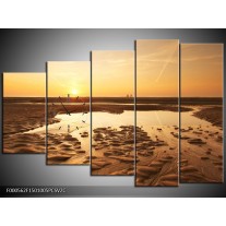 Klok schilderij Strand | Bruin, Geel, Goud | 150x100cm 5Luik