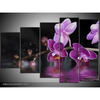 Klok schilderij Orchidee | Paars, Zwart, Wit | 150x100cm 5Luik