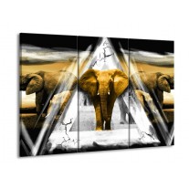 Canvas schilderij Olifant | Geel, Wit, Grijs | 90x60cm 3Luik