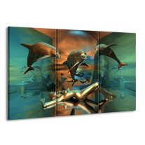 Glas schilderij Dolfijn | Blauw, Goud, Bruin | 165x100cm 3Luik
