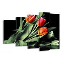 Canvas schilderij Tulp | Rood, Oranje, Groen | 150x100cm 5Luik