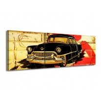 Glas schilderij Oldtimer | Zwart, Rood, Geel | 150x50cm 3Luik