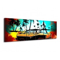 Canvas schilderij Oldtimer | Blauw, Geel, Rood | 150x50cm 3Luik