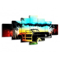Canvas schilderij Oldtimer | Blauw, Geel, Zwart | 210x100cm 7Luik