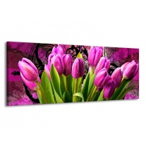Canvas schilderij Tulpen | Paars, Groen, Roze | 145x58cm 1Luik