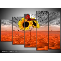 Klok schilderij Zonnebloem | Oranje, Grijs, Geel | 150x100cm 5Luik