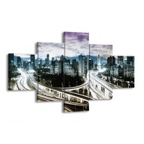 Canvas schilderij Wolkenkrabber | Paars, Blauw, Geel | 125x70cm 5Luik