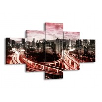 Canvas schilderij Wolkenkrabber | Rood, Roze, Grijs | 125x70cm 5Luik