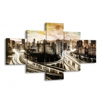 Canvas schilderij Wolkenkrabber | Geel, Blauw, Sepia | 125x70cm 5Luik