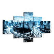 Canvas schilderij Wolkenkrabber | Blauw, Grijs | 125x70cm 5Luik