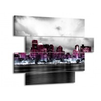 Canvas schilderij Wolkenkrabber | Paars, Roze, Grijs | 115x85cm 4Luik