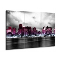 Glas schilderij Wolkenkrabber | Paars, Roze, Grijs | 90x60cm 3Luik