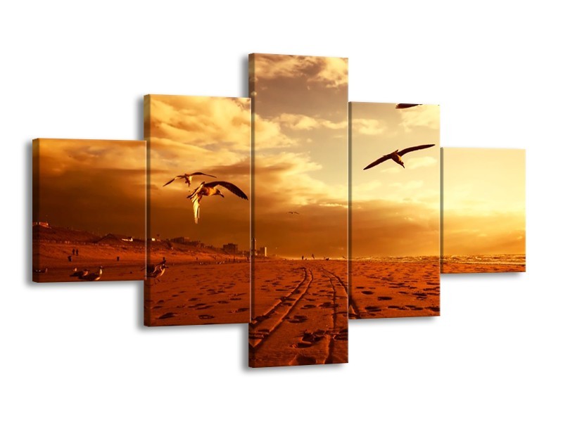 Canvas schilderij Vogels | Goud, Geel, Oranje | 125x70cm 5Luik
