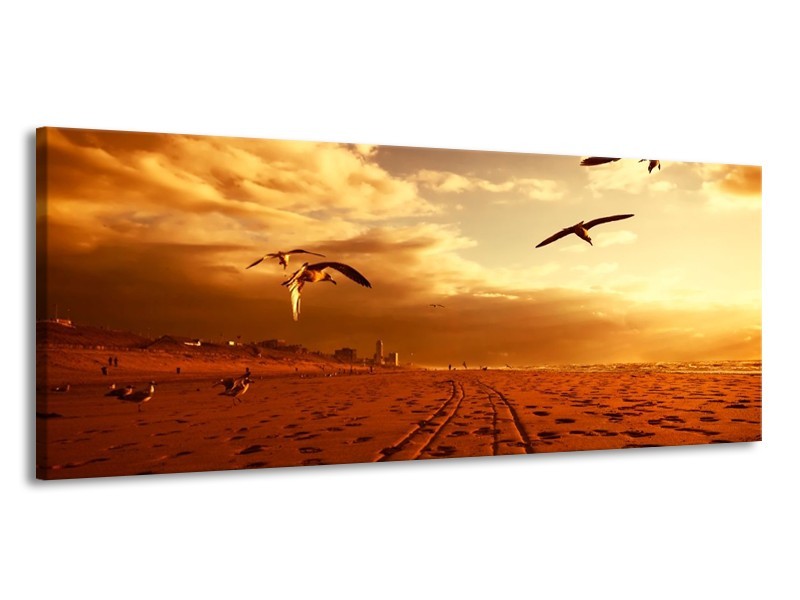 Canvas schilderij Vogels | Goud, Geel, Oranje | 145x58cm 1Luik