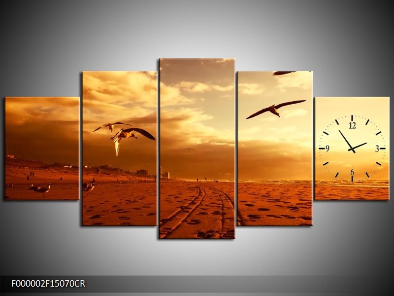 Klok schilderij Vogels | Goud, Geel, Oranje | 150x70cm 5Luik
