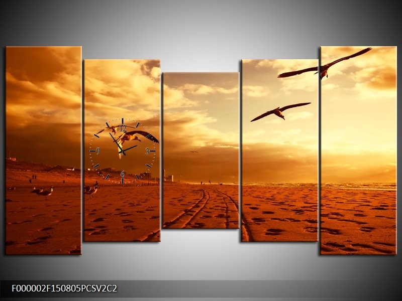 Klok schilderij Vogels | Goud, Geel, Oranje | 150x80cm 5Luik