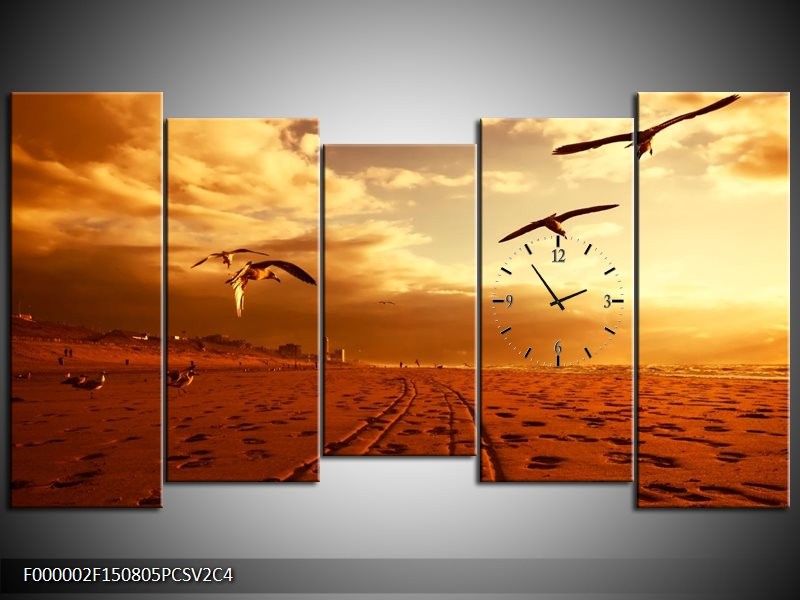 Klok schilderij Vogels | Goud, Geel, Oranje | 150x80cm 5Luik