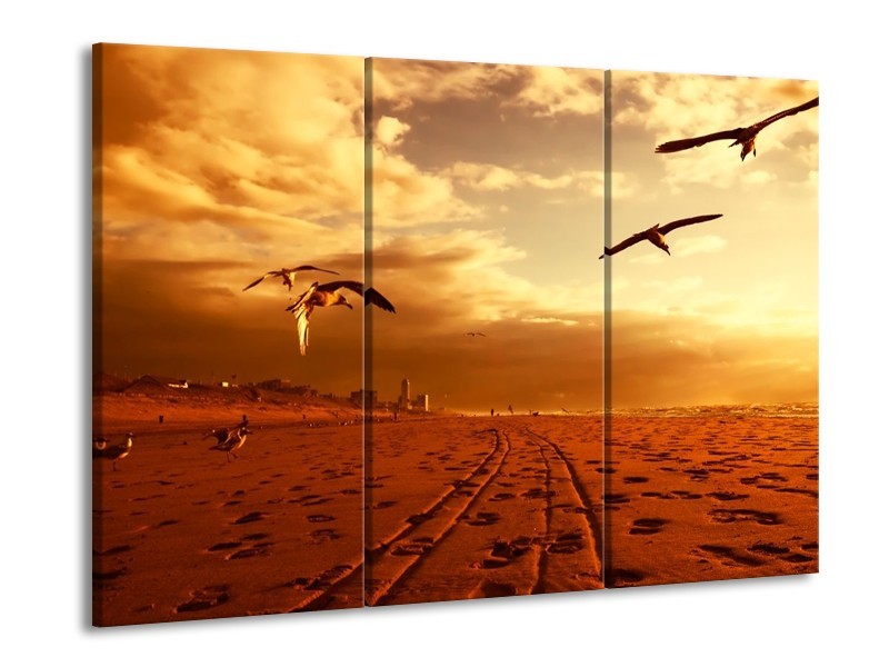 Canvas schilderij Vogels | Goud, Geel, Oranje | 90x60cm 3Luik
