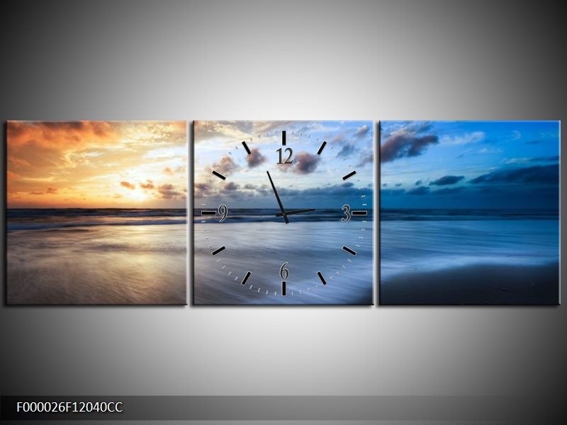 Klok schilderij Zee | Blauw, Geel, Wit | 120x40cm 3Luik