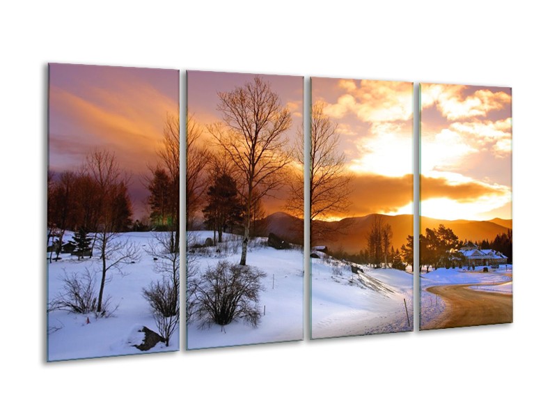 Canvas schilderij Winter | Wit, Bruin, Oranje | 160x80cm 4Luik
