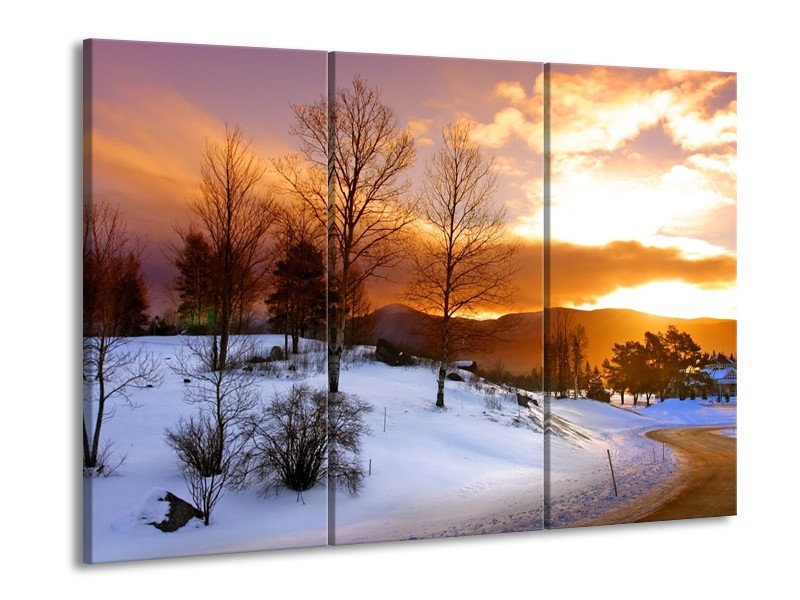 Canvas schilderij Winter | Wit, Bruin, Oranje | 90x60cm 3Luik