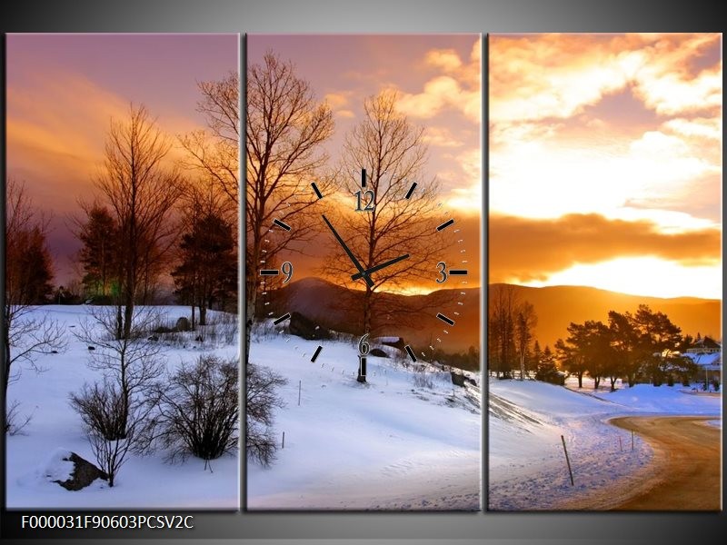 Klok schilderij Winter | Wit, Bruin, Oranje | 90x60cm 3Luik