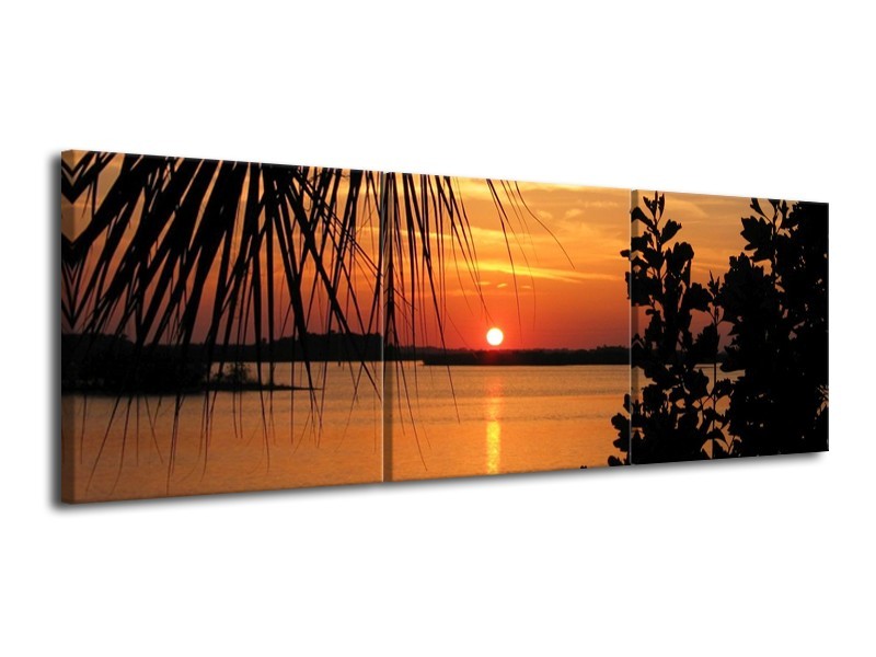 Glas schilderij Zonsondergang | Oranje, Zwart, Geel | 120x40cm 3Luik