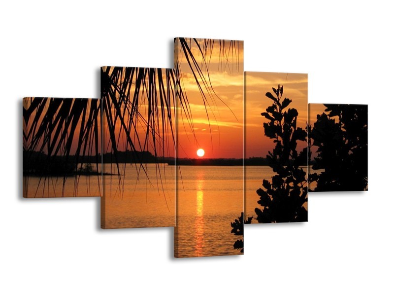 Canvas schilderij Zonsondergang | Oranje, Zwart, Geel | 125x70cm 5Luik