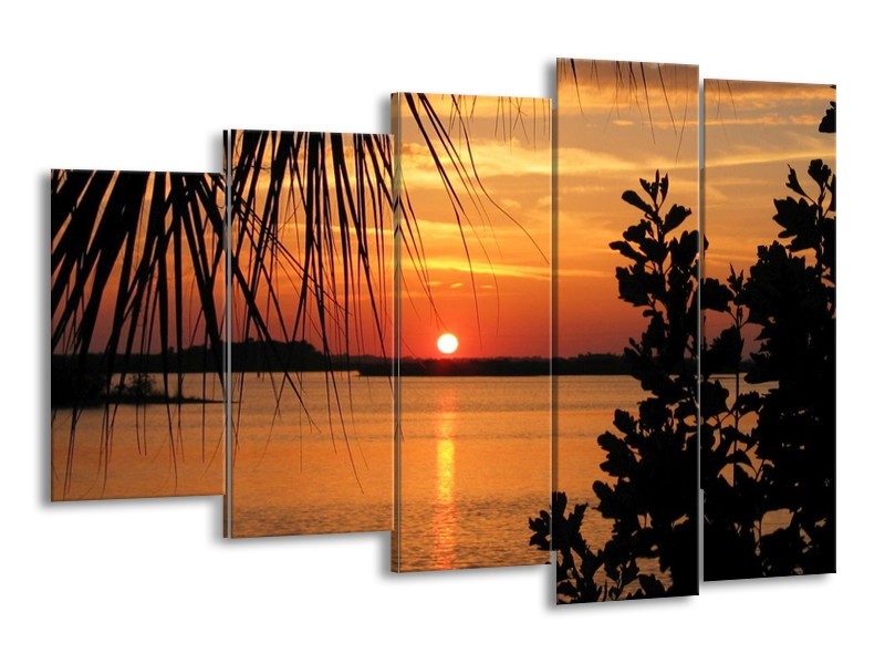 Canvas schilderij Zonsondergang | Oranje, Zwart, Geel | 150x100cm 5Luik