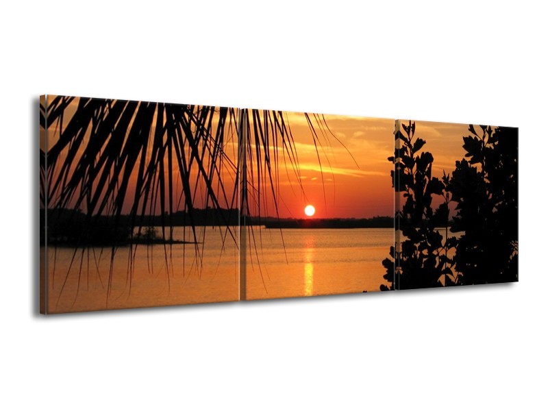 Glas schilderij Zonsondergang | Oranje, Zwart, Geel | 150x50cm 3Luik