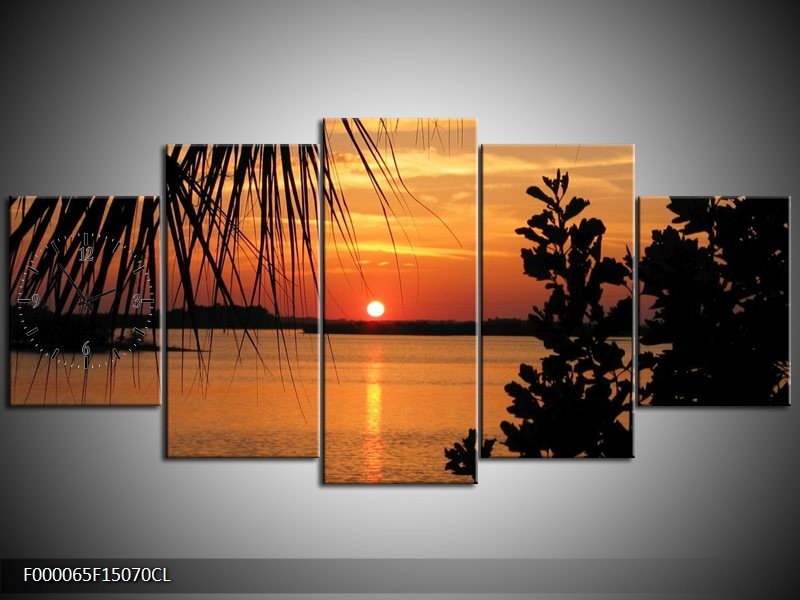 Klok schilderij Zonsondergang | Oranje, Zwart, Geel | 150x70cm 5Luik