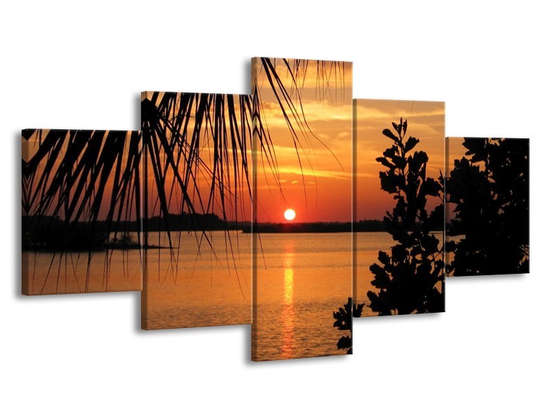 Glas schilderij Zonsondergang | Oranje, Zwart, Geel | 150x80cm 5Luik