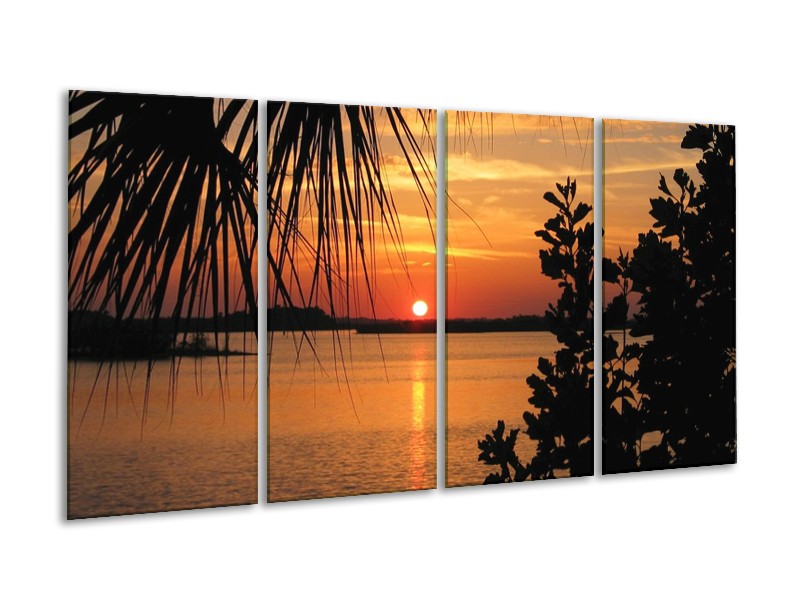 Canvas schilderij Zonsondergang | Oranje, Zwart, Geel | 160x80cm 4Luik