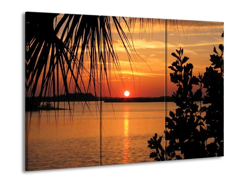 Glas schilderij Zonsondergang | Oranje, Zwart, Geel | 90x60cm 3Luik