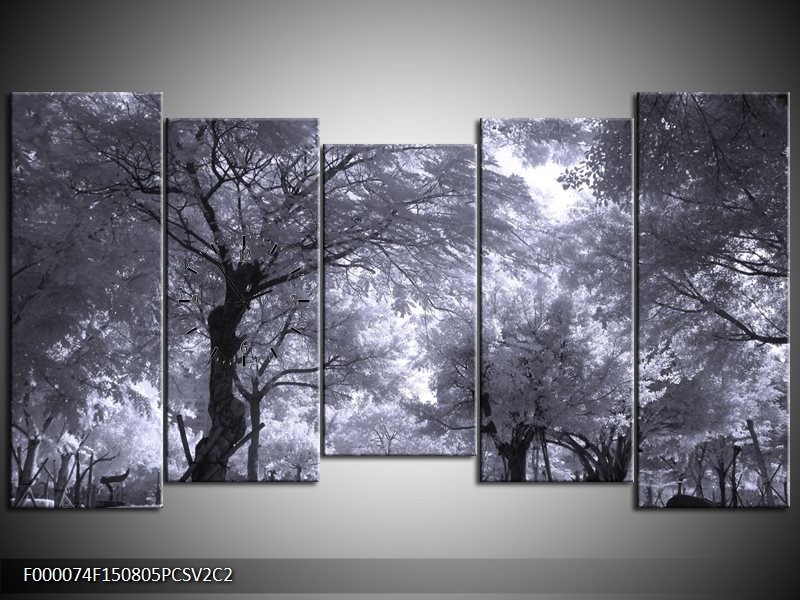 Klok schilderij Bomen | Wit, Zwart, Grijs | 150x80cm 5Luik