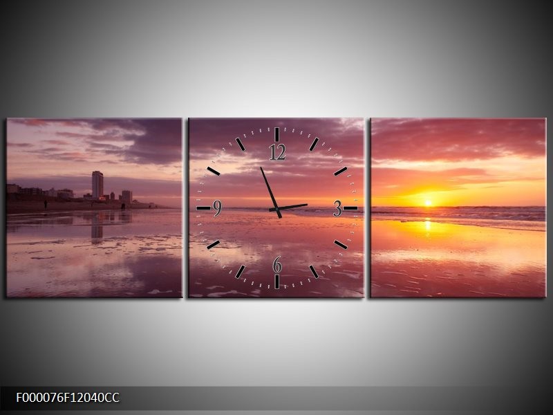 Klok schilderij Zonsondergang | Paars, Geel, Wit | 120x40cm 3Luik