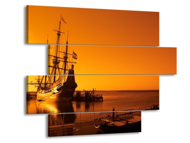 Canvas schilderij Boot | Oranje, Bruin, Zwart | 115x85cm 4Luik