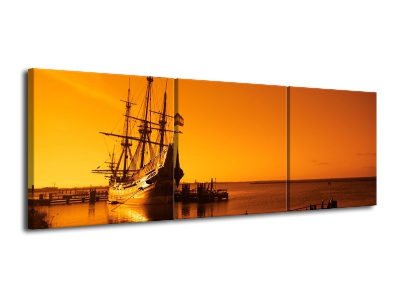 Glas schilderij Boot | Oranje, Bruin, Zwart | 120x40cm 3Luik