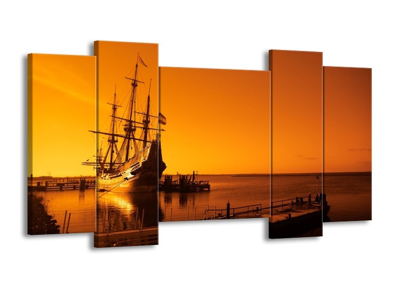 Canvas schilderij Boot | Oranje, Bruin, Zwart | 120x65 5Luik
