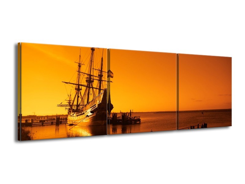Canvas schilderij Boot | Oranje, Bruin, Zwart | 150x50cm 3Luik