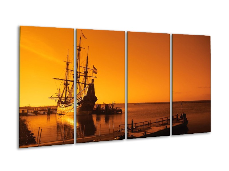 Canvas schilderij Boot | Oranje, Bruin, Zwart | 160x80cm 4Luik