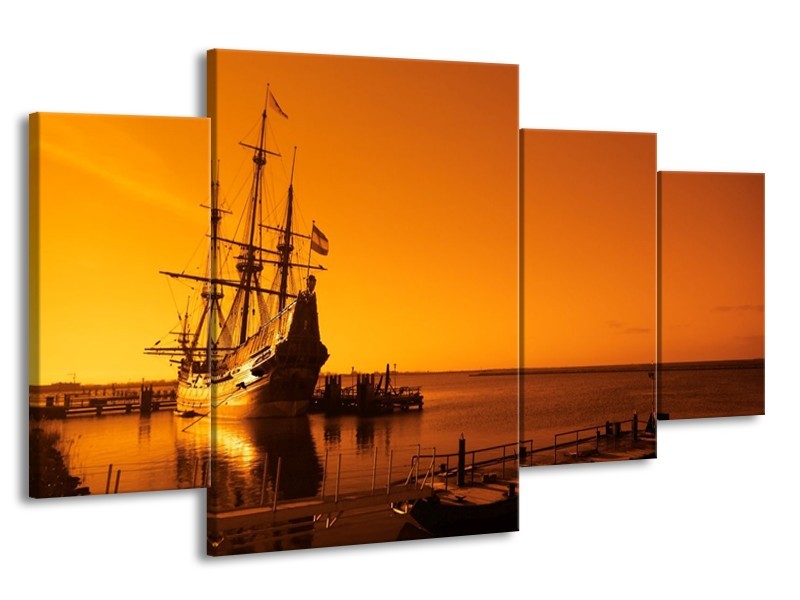 Glas schilderij Boot | Oranje, Bruin, Zwart | 160x90cm 4Luik