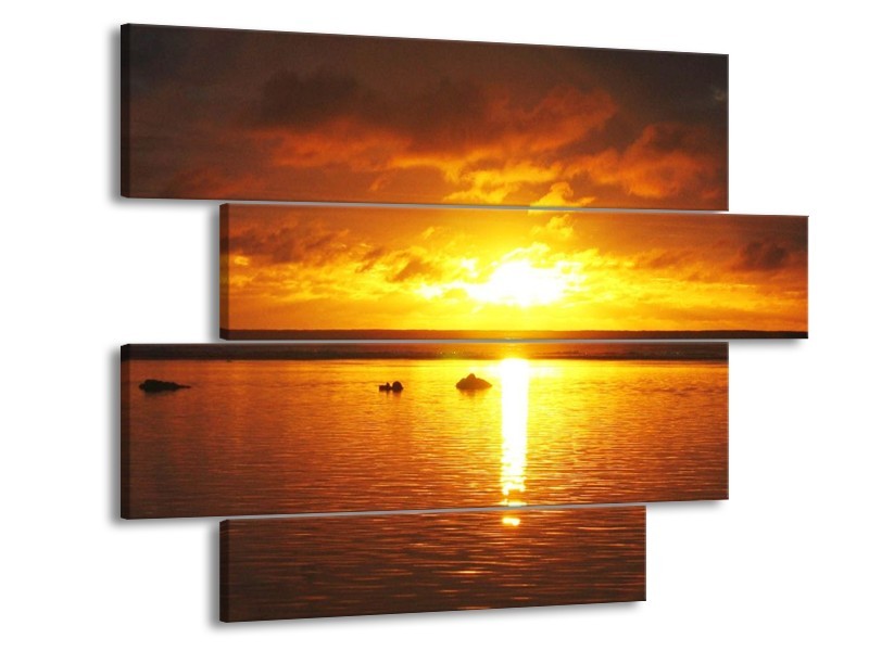 Canvas schilderij Zonsondergang | Geel, Oranje, Bruin | 115x85cm 4Luik