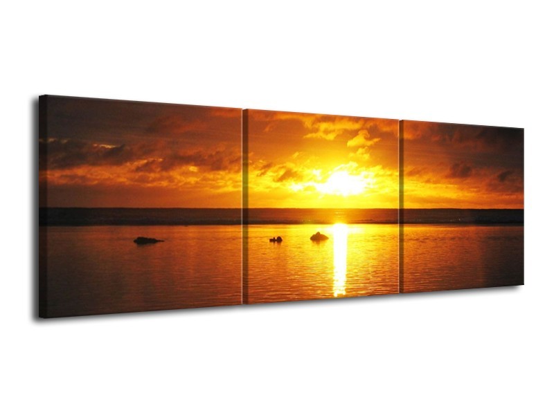 Canvas schilderij Zonsondergang | Geel, Oranje, Bruin | 120x40cm 3Luik