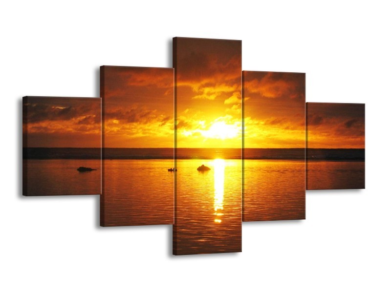 Canvas schilderij Zonsondergang | Geel, Oranje, Bruin | 125x70cm 5Luik