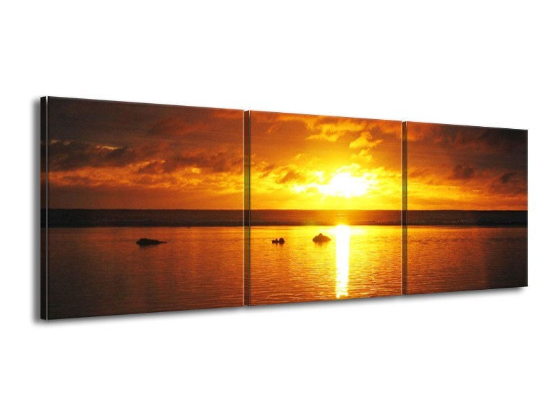 Canvas schilderij Zonsondergang | Geel, Oranje, Bruin | 150x50cm 3Luik